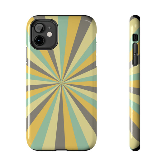 Vintage Sunburst Rays iPhone Case – Bold 70s-Inspired Burst in Yellow, Mint, and Gray