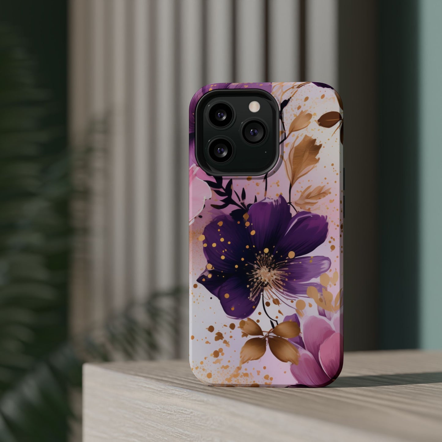 Elegant Purple & Gold Floral MagSafe iPhone Case - Luxe Flower Design