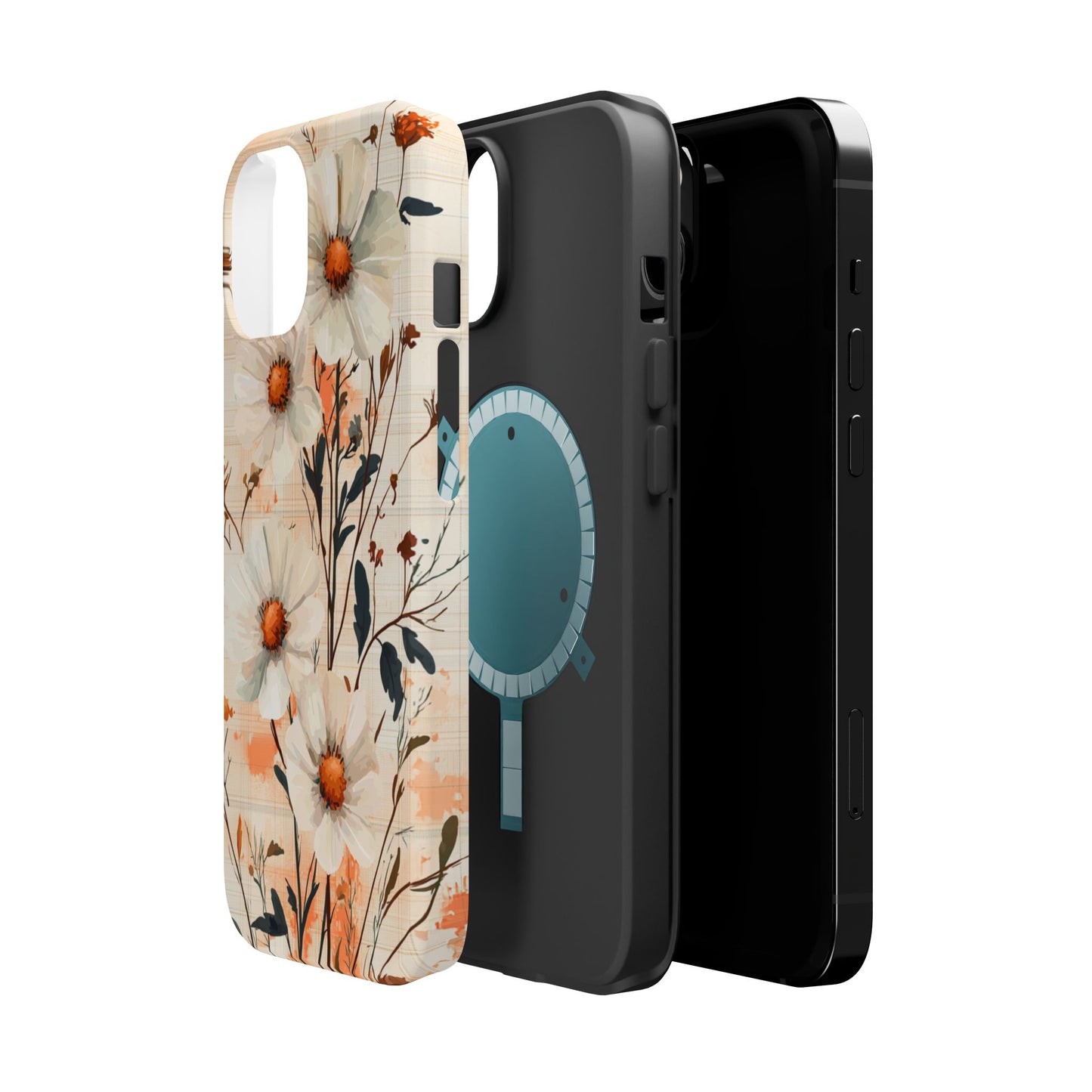 Pastel Orange Floral MagSafe iPhone Case - Elegant Plaid Protective Cover