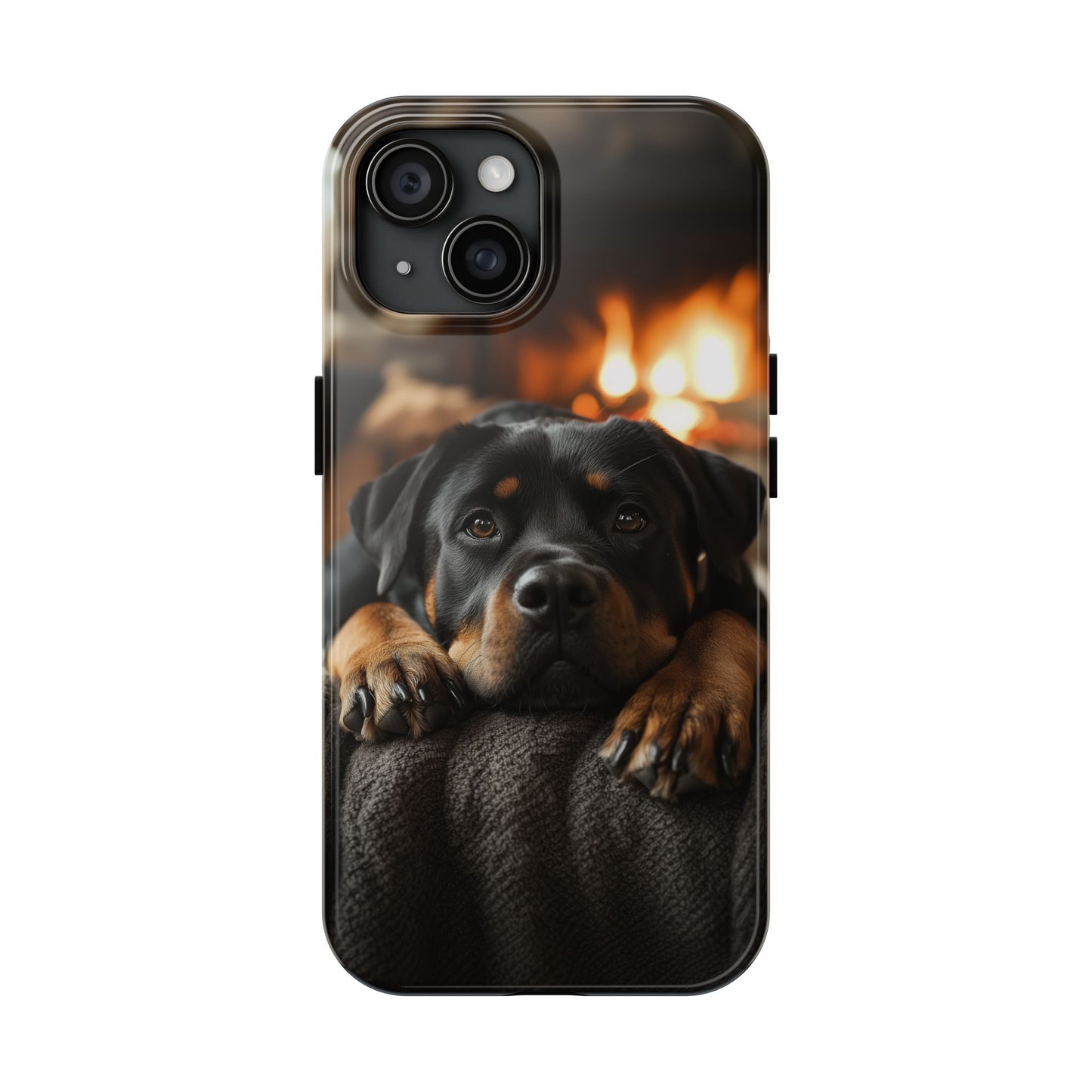 Cozy Rottweiler by the Fireplace iPhone Case – Warm Rustic Design