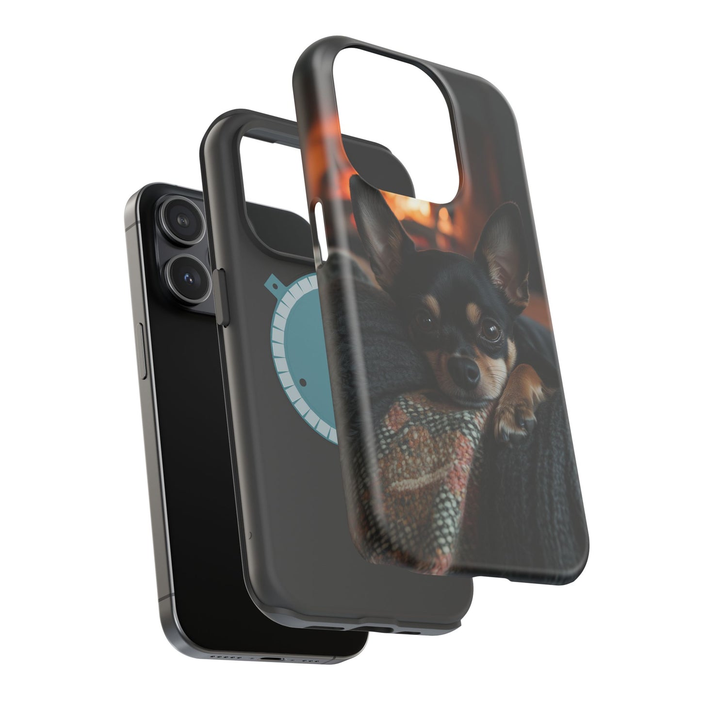 Cozy Chihuahua Fireplace MagSafe iPhone Case – Elegant and Functional Design