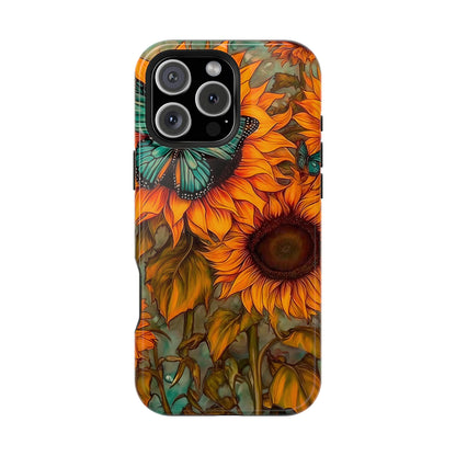 Vintage Blue Butterfly & Sunflower Art – MagSafe iPhone Case