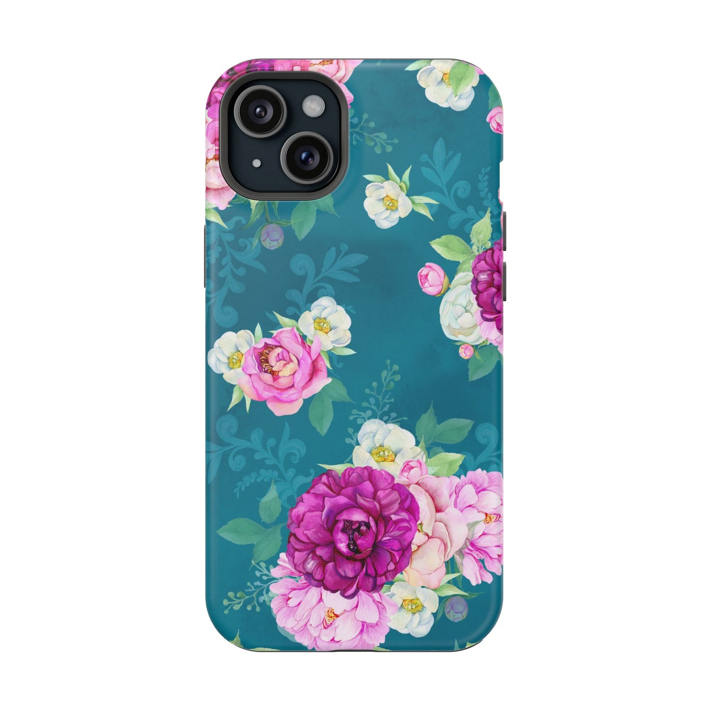 Elegant Peony Bouquet MagSafe iPhone Case – Deep Teal Background with Romantic Floral Design