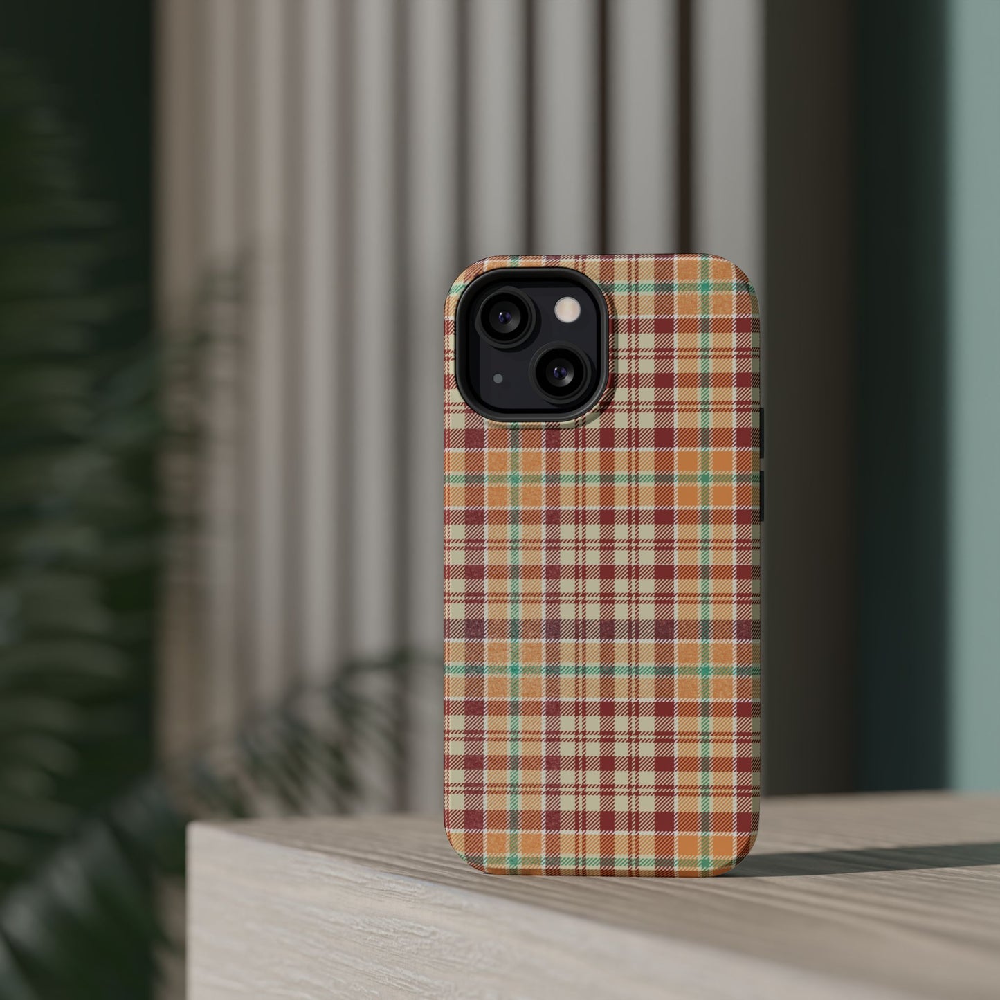 Retro Chic Plaid MagSafe iPhone Case in Red, Orange, Green & Cream – Vintage Design Meets Modern Tech