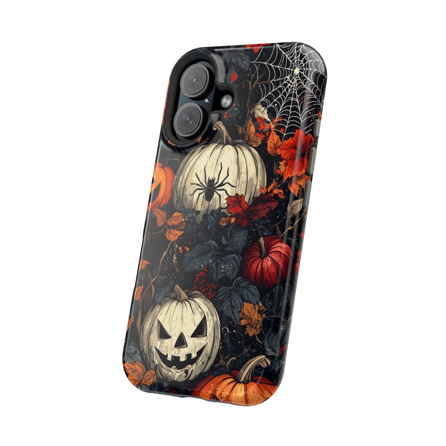 Hauntingly Elegant Halloween MagSafe iPhone Case – Pumpkins, Spiders, and Autumn Leaves Design