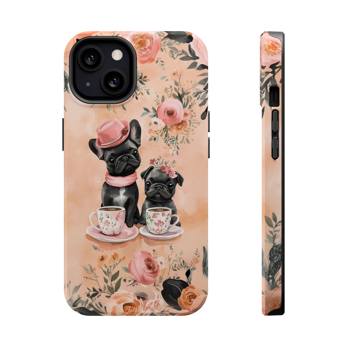 Floral French Bulldogs MagSafe iPhone Case – Elegant Dog Design with Tea Cups & Roses, Shockproof Protection