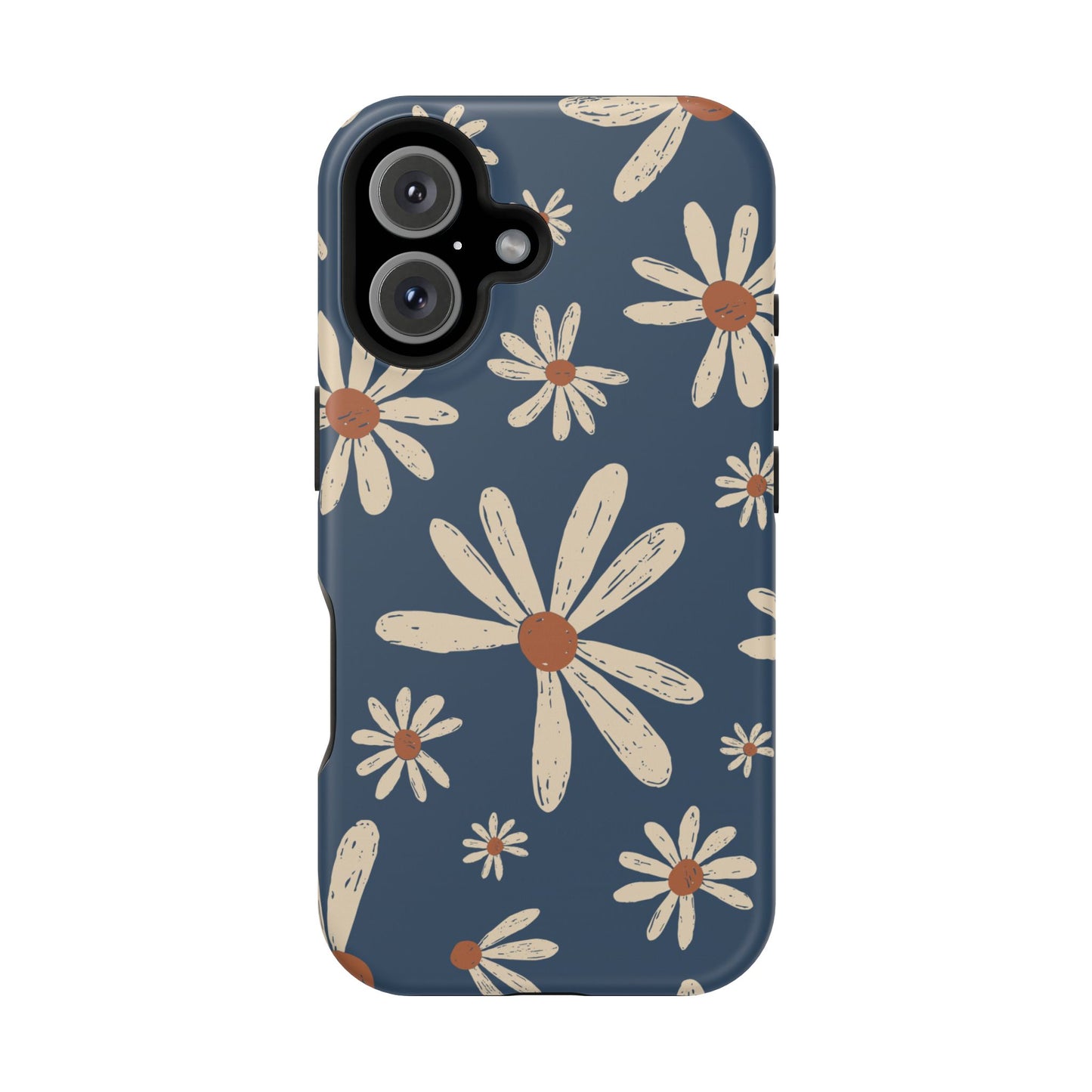 Vintage Daisies MagSafe iPhone Case – Navy Blue Floral Design, Scratch-Resistant with Shock-Absorbing Bumper