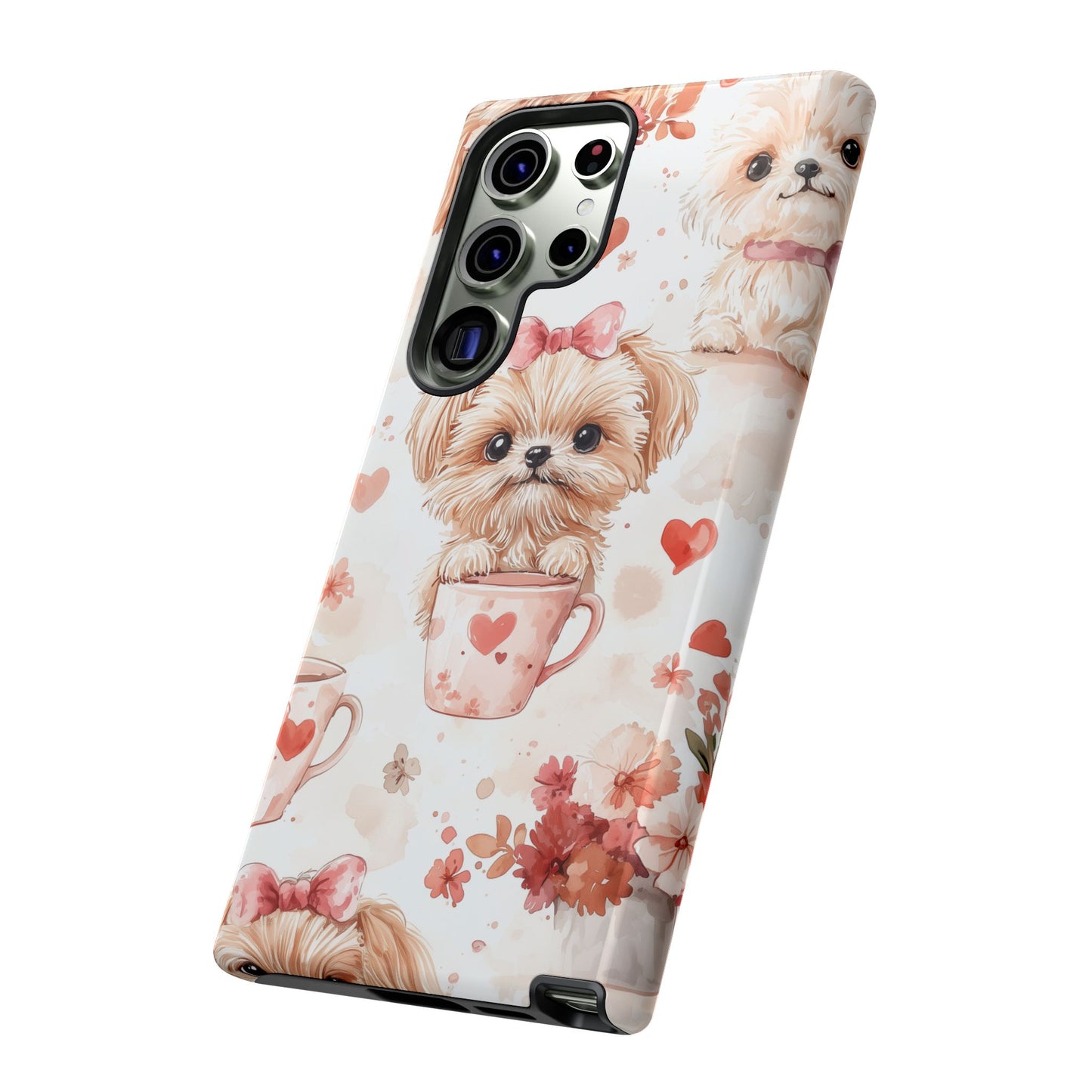 Puppies & Heart Mugs Samsung Galaxy Case – Sweet Dog & Floral Design, Shockproof & Slim