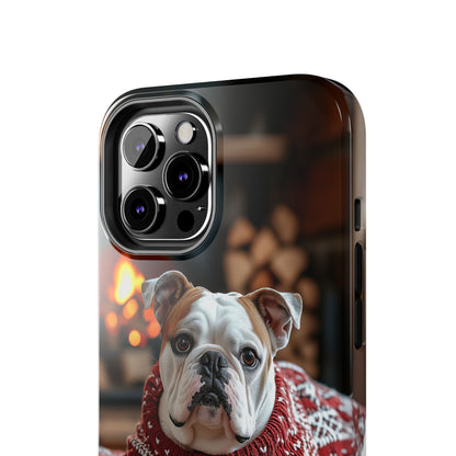 Cozy Bulldog in Sweater iPhone Case – Festive Fireplace Protective Cover