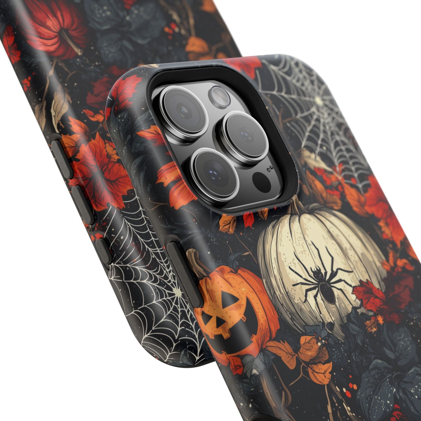 Hauntingly Elegant Halloween MagSafe iPhone Case – Pumpkins, Spiders, and Autumn Leaves Design