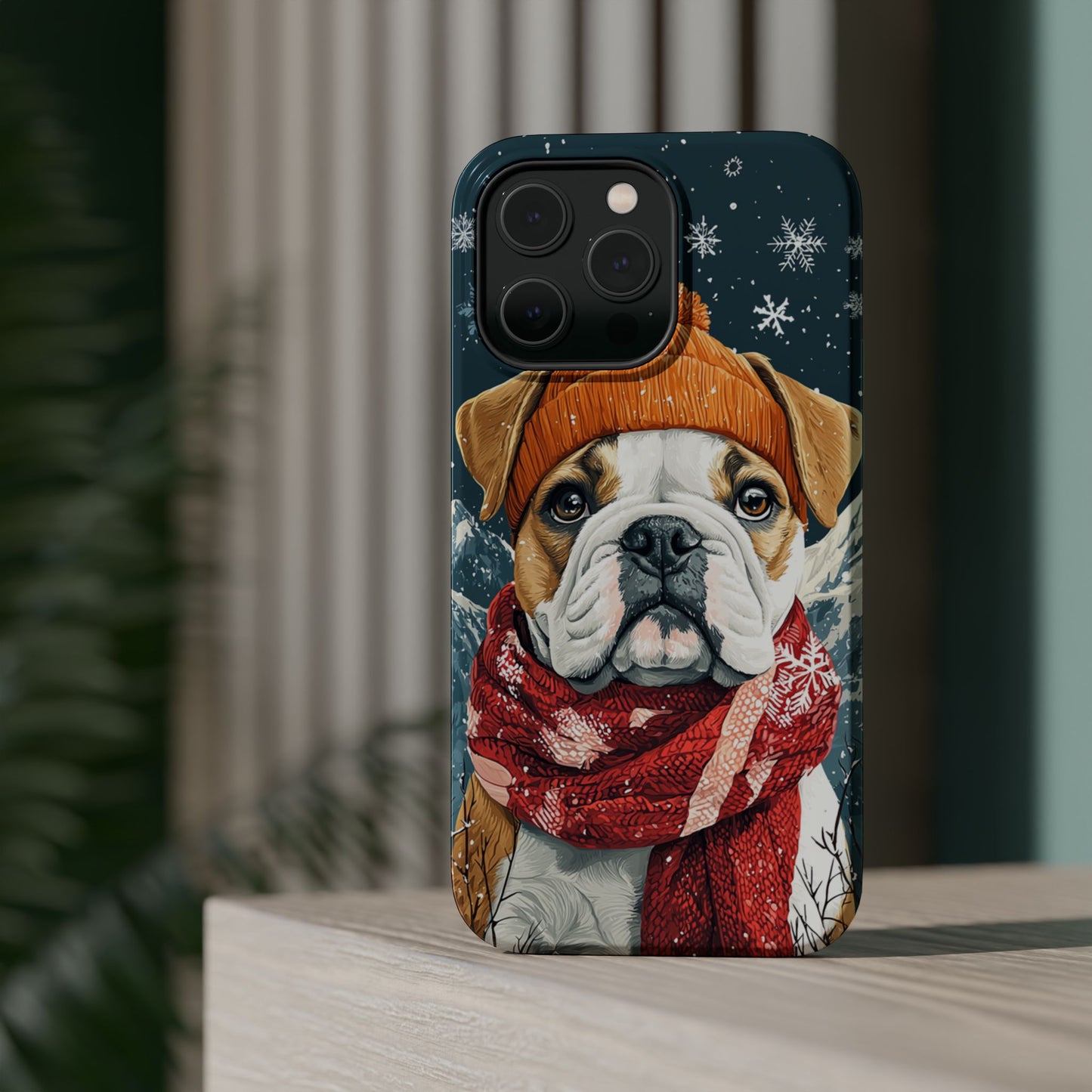 Cozy French Bulldog MagSafe iPhone Case – Rustic Fireplace Protective Cover