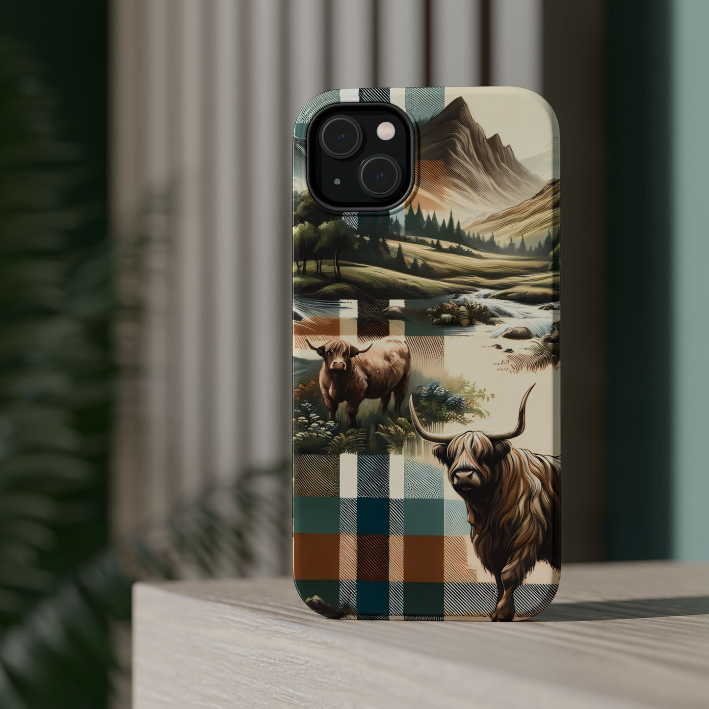 Rustic Highland Cow In Plaid - MagSafe Compatible Case