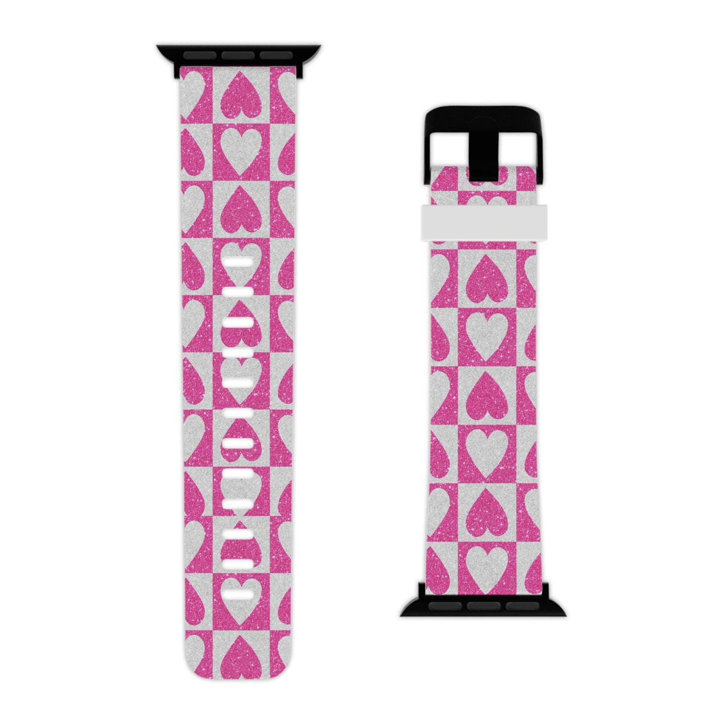 Pink Glitter Heart Checkered Pattern Apple Watch Band