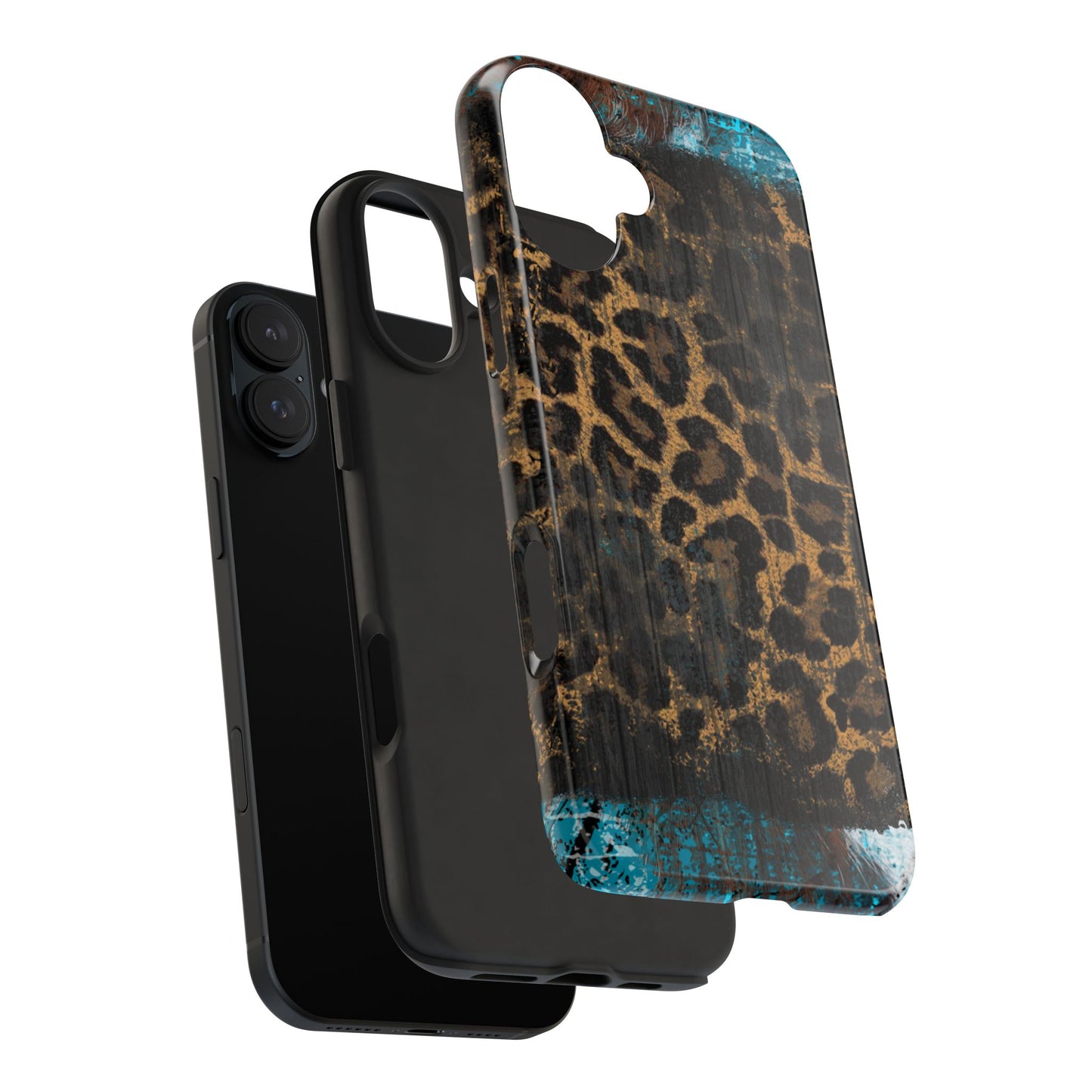 Boho Leopard and Turquoise Tough iPhone Case – Rustic Western Design with Dual-Layer Protection