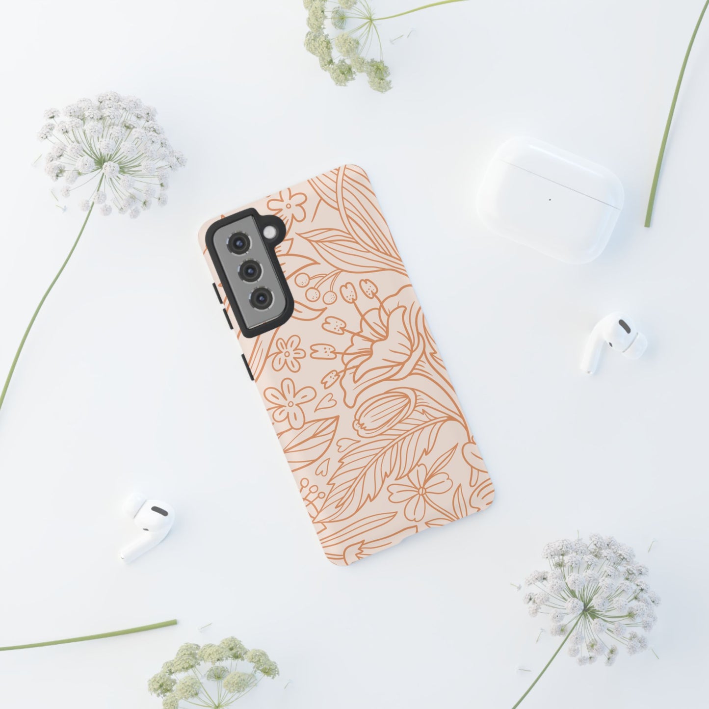 Soft Terracotta Floral Line Art Tough Samsung Galaxy Case – Minimalist Botanical Design with Dual-Layer Protection