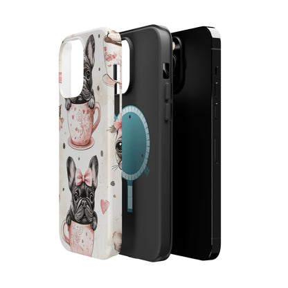 French Bulldogs in Teacups MagSafe iPhone Case – Cute Dog Design with Hearts & Bows, Shockproof & Slim