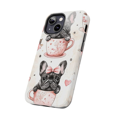 French Bulldogs in Teacups iPhone Case – Cute Dog Design with Hearts & Bows, Shockproof & Slim - BOGO Cases