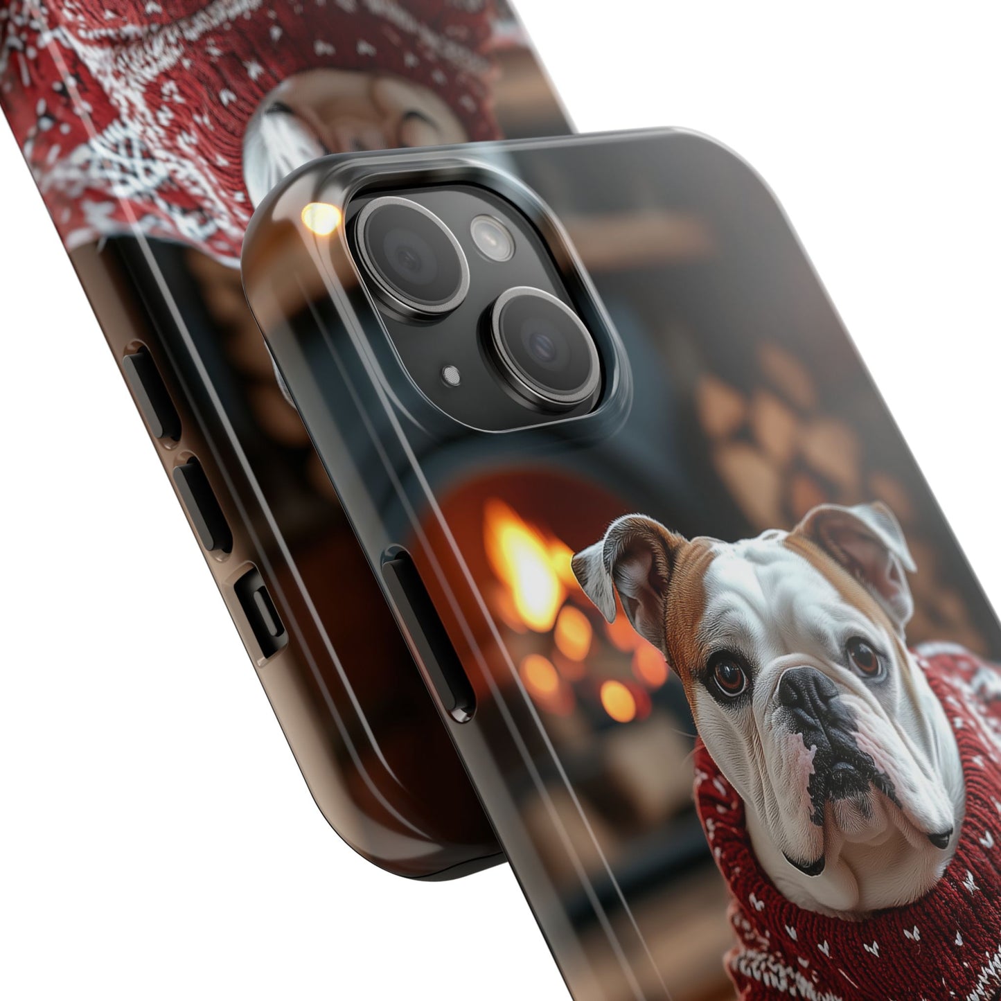 Cozy Bulldog in Sweater iPhone Case – Festive Fireplace Protective Cover