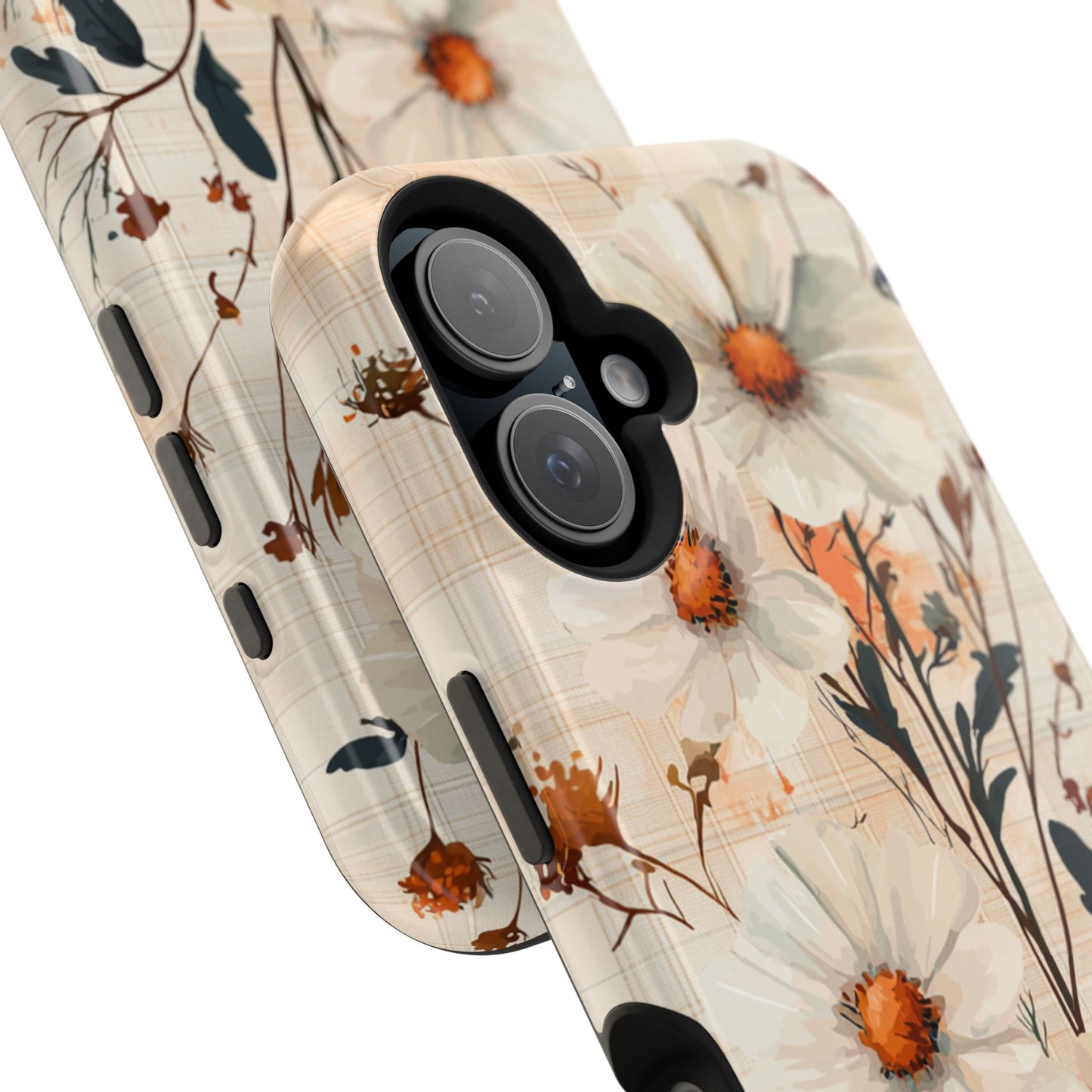 Pastel Orange Floral MagSafe iPhone Case - Elegant Plaid Protective Cover