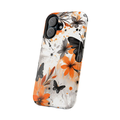 Orange Blossom & Black Butterfly MagSafe iPhone Case – Bold Floral Pattern with Modern Abstract Style