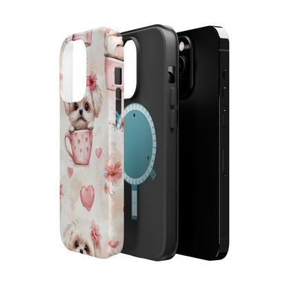 Floral Puppy in Teacup MagSafe iPhone Case – Cute Pink Flower Design, Tough Dual-Layer Protection