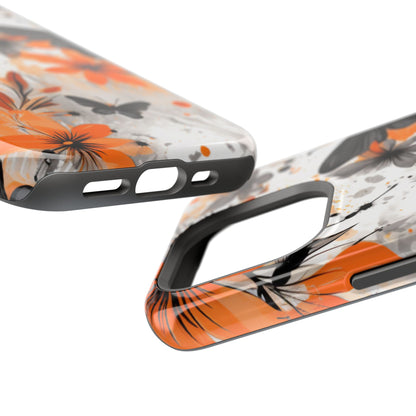 Orange Blossom & Black Butterfly MagSafe iPhone Case – Bold Floral Pattern with Modern Abstract Style