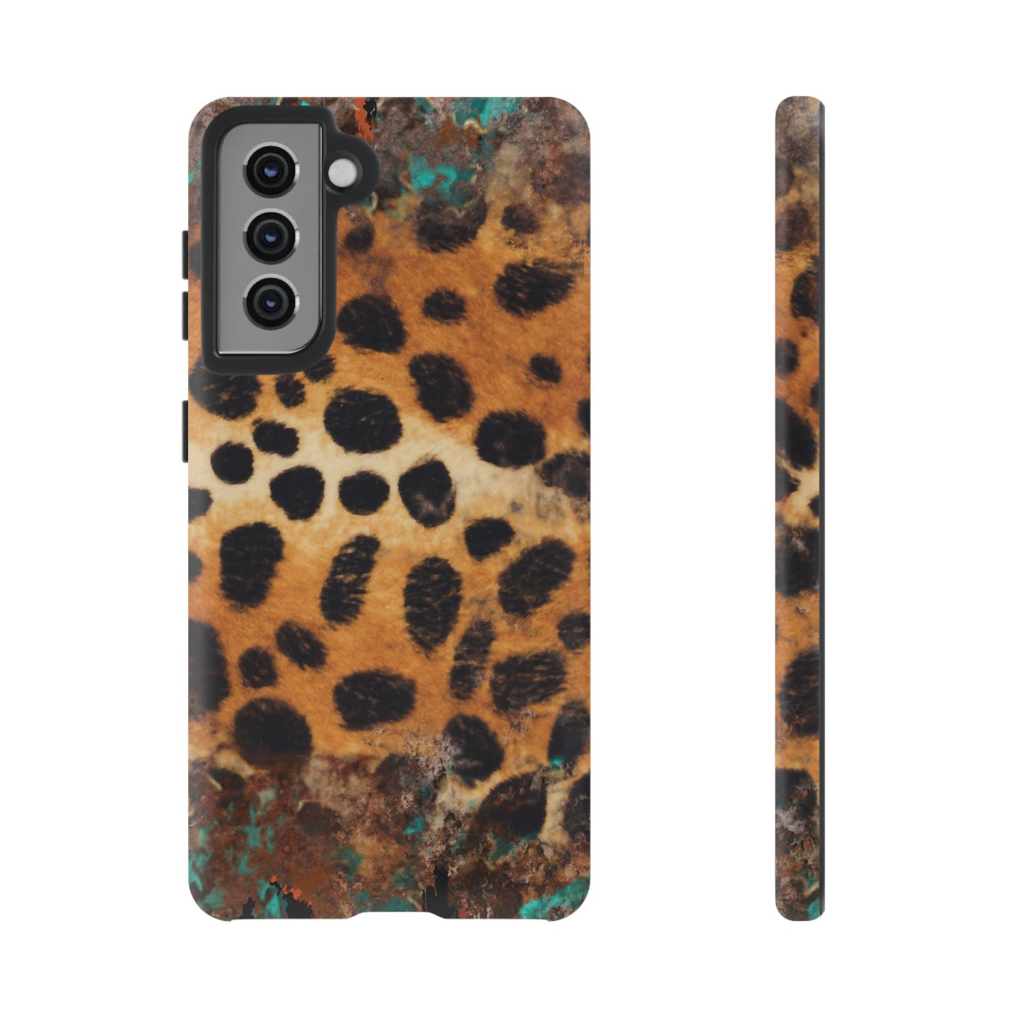 Rustic Leopard Print Tough Samsung Galaxy Case – Distressed Turquoise and Animal Pattern with Dual-Layer Protection