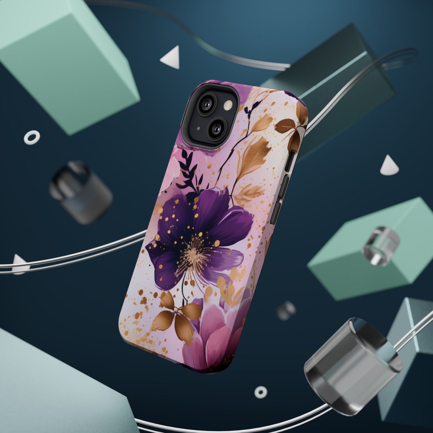 Elegant Purple & Gold Floral MagSafe iPhone Case - Luxe Flower Design