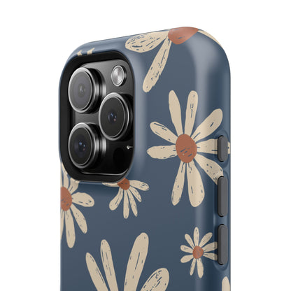 Vintage Daisies MagSafe iPhone Case – Navy Blue Floral Design, Scratch-Resistant with Shock-Absorbing Bumper