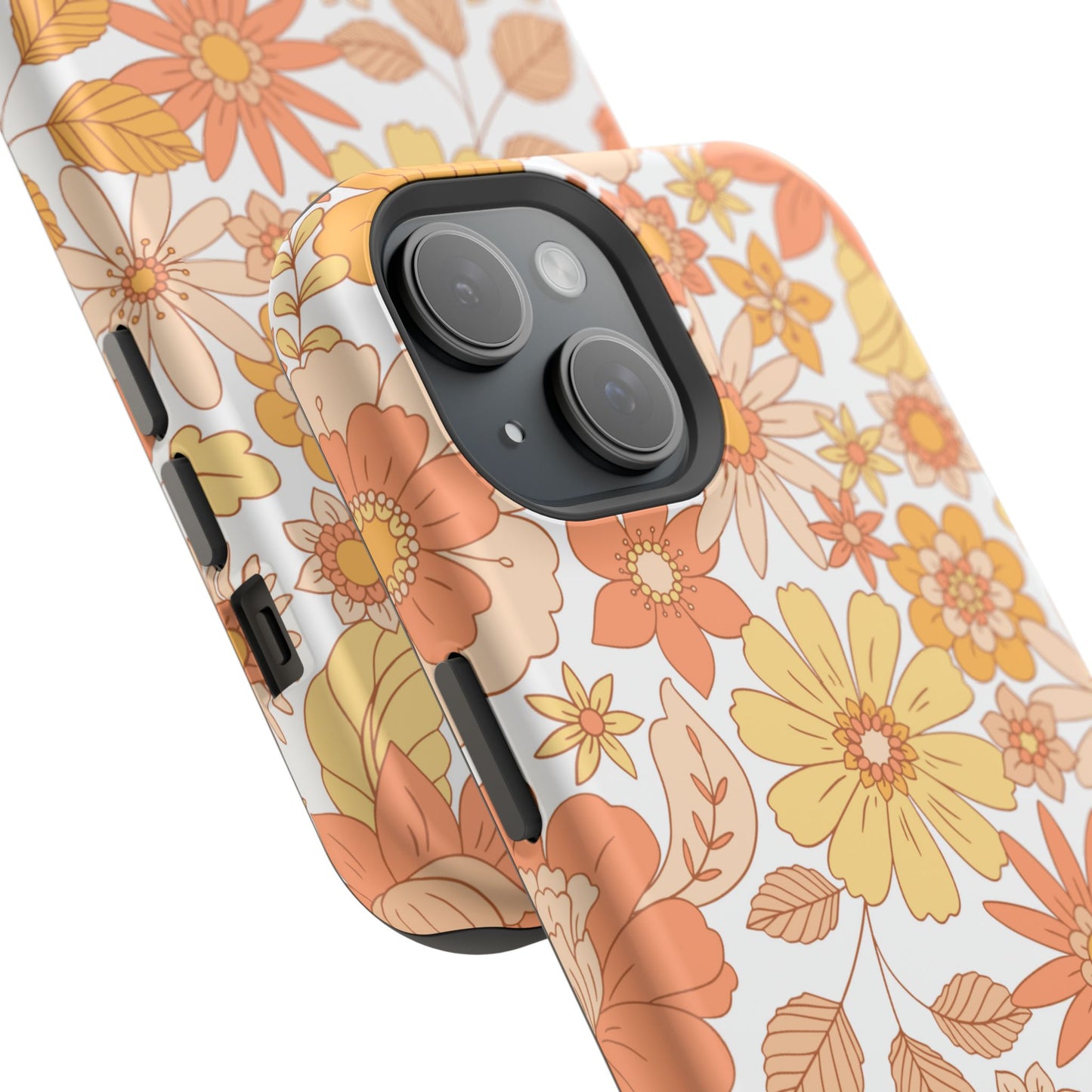 Vintage Floral Bloom MagSafe iPhone Case – Warm Orange & Yellow Retro Flower Design with Matte Finish