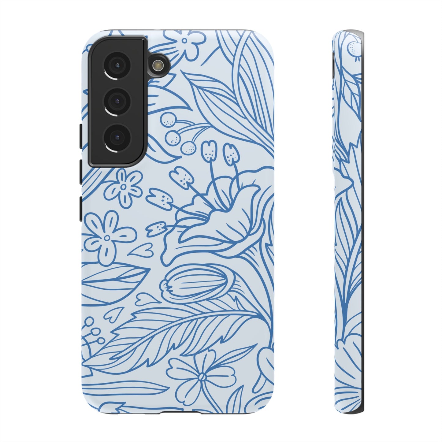 Dusty Blue Floral Line Art Tough Samsung Galaxy Case – Minimalist Botanical Design with Dual-Layer Protection