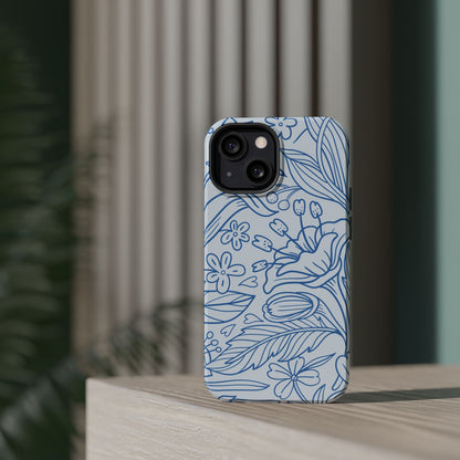 Dusty Blue Floral Line Art Tough MagSafe iPhone Case – Minimalist Botanical Design with Dual-Layer Protection