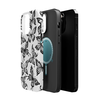 Monochrome Butterfly Pattern Tough MagSafe Case – Dual-Layer Protection with Matte Finish