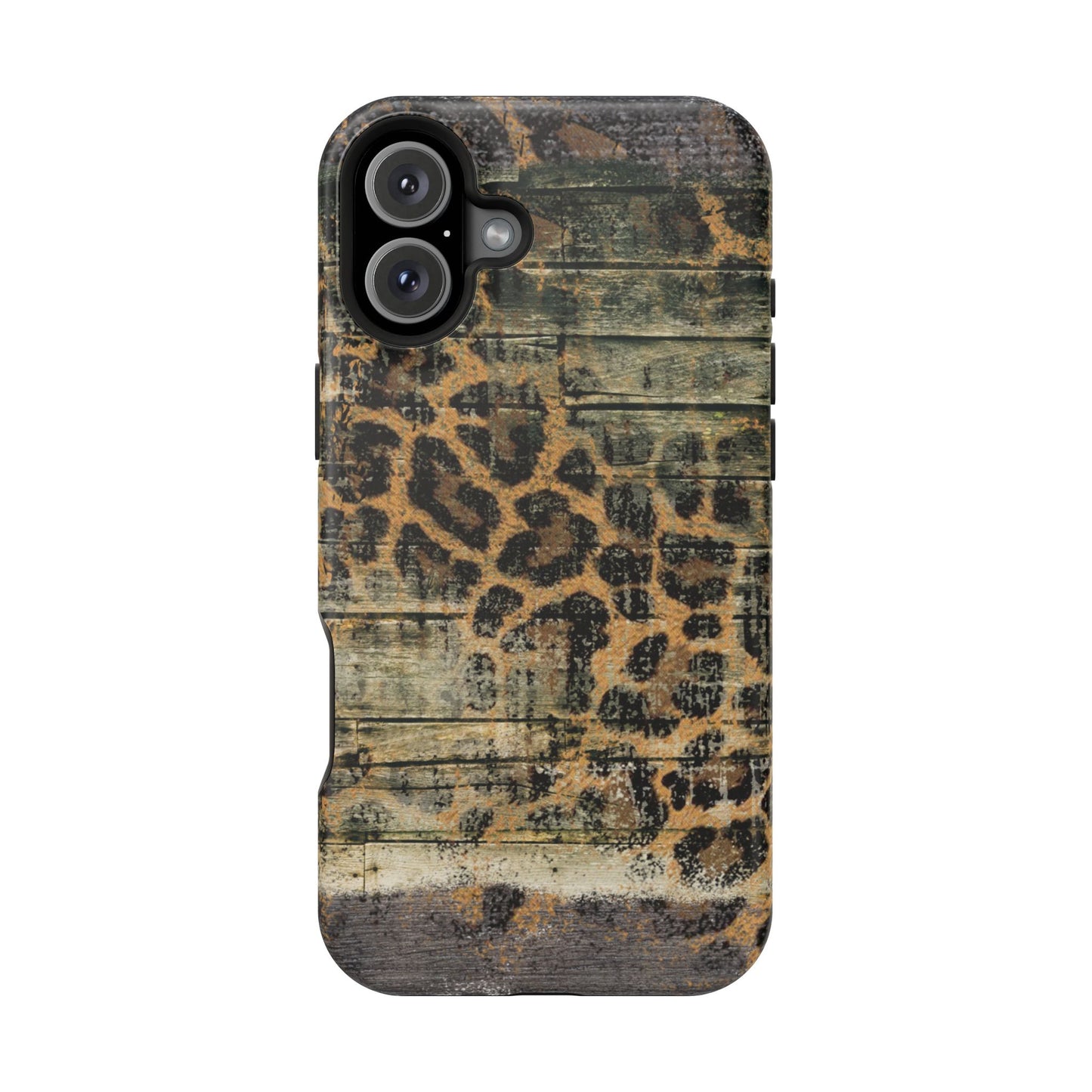 Rustic Wood and Leopard Print Tough MagSafe iPhone Case – Distressed Western Design with Dual-Layer Protection