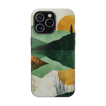 Retro Mountain Sunrise MagSafe iPhone Case – Minimalist Landscape Design, Dual-Layer Protection