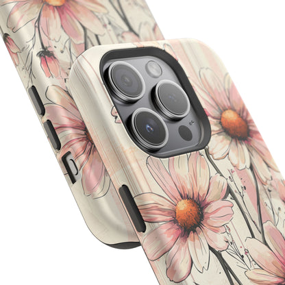 Pastel Pink Daisy MagSafe iPhone Case - Elegant Floral Plaid Protective Cover