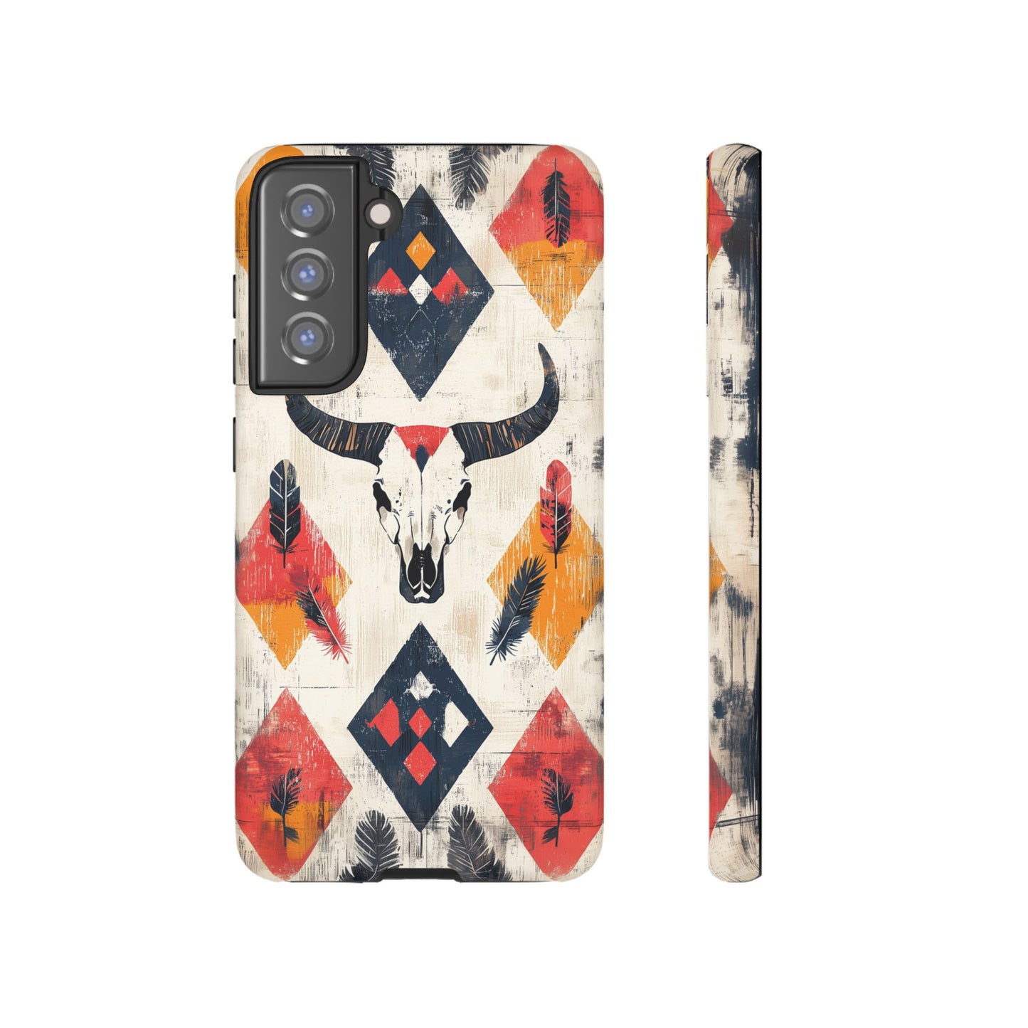 Western Bull Skull & Feathers Tough Samsung Galaxy Case – Bold Tribal Design, Dual - Layer Protection - BOGO Cases