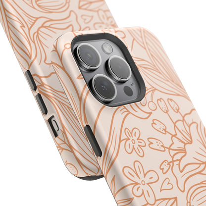 Soft Terracotta Floral Line Art Tough MagSafe iPhone Case – Minimalist Botanical Design with Dual-Layer Protection