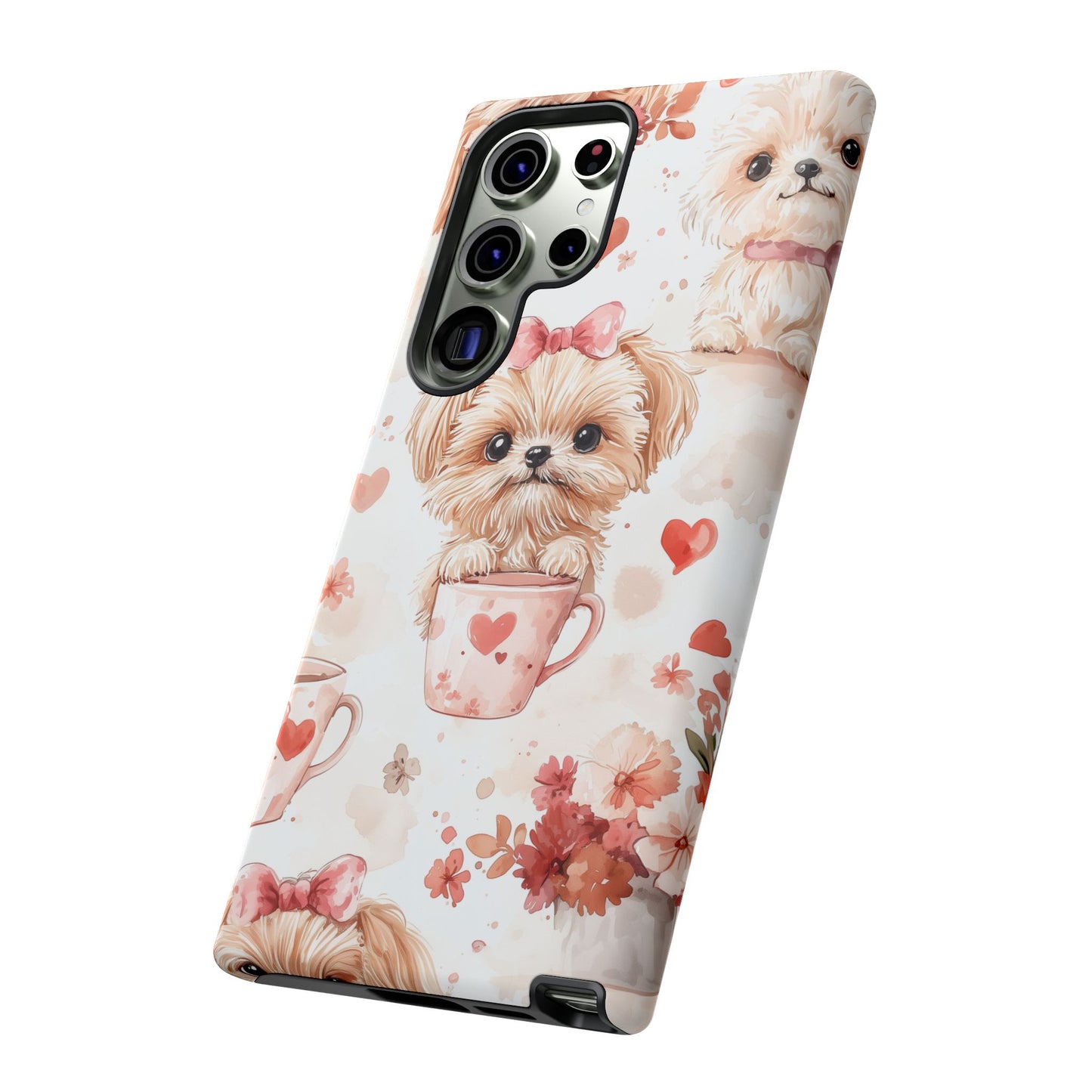 Puppies & Heart Mugs Samsung Galaxy Case – Sweet Dog & Floral Design, Shockproof & Slim