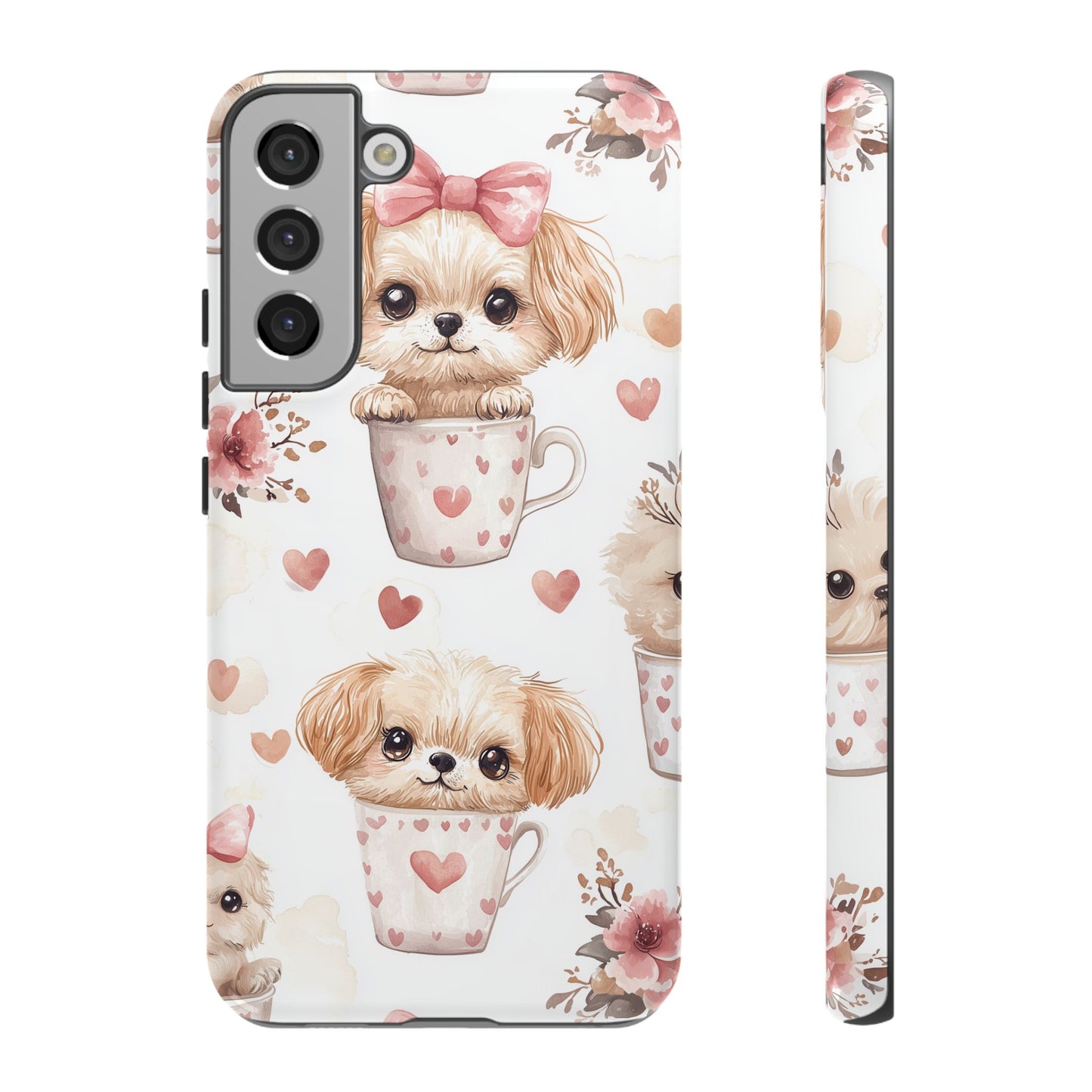 Cute Puppies in Heart Mugs Samsung Galaxy Case – Adorable Dog & Floral Design, Shockproof & Slim - BOGO Cases