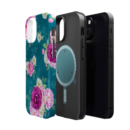 Elegant Peony Bouquet MagSafe iPhone Case – Deep Teal Background with Romantic Floral Design