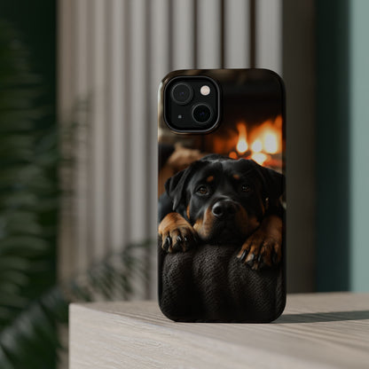 Cozy Rottweiler by the Fireplace MagSafe iPhone Case – Warm Rustic Design