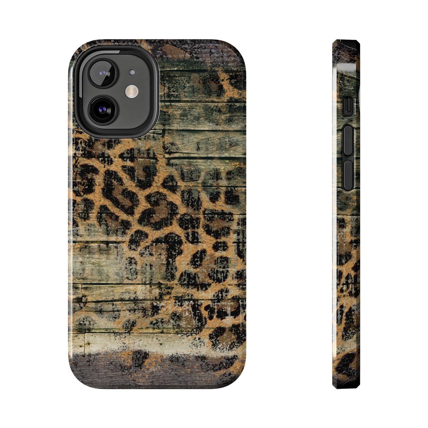 Rustic Wood and Leopard Print Tough iPhone Case – Distressed Western Design with Dual-Layer Protection