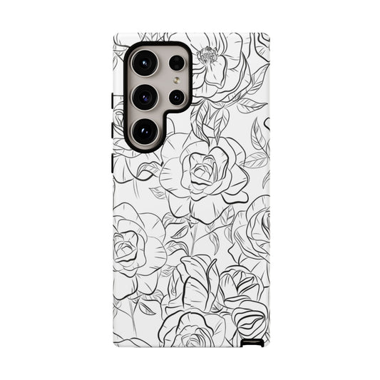 Monochrome Rose Garden Tough Samsung Galaxy Case – Elegant Floral Line Art with Dual-Layer Protection