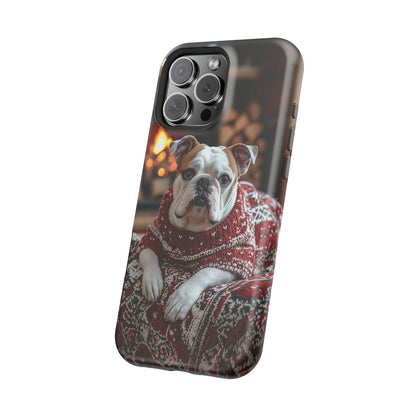 Cozy Bulldog in Sweater MagSafe iPhone Case – Festive Fireplace Protective Cover