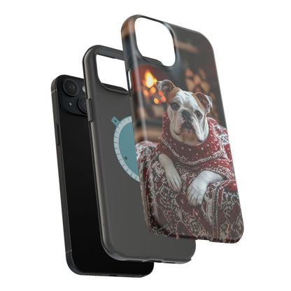 Cozy Bulldog in Sweater MagSafe iPhone Case – Festive Fireplace Protective Cover