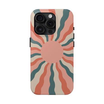 Retro Sunburst iPhone Case – Bold 70s-Inspired Waves in Coral, Teal, and Cream