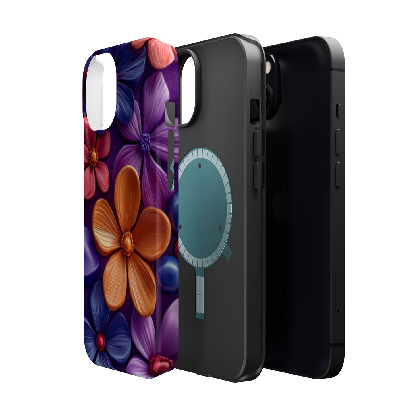 Bold Floral 3D MagSafe iPhone Case – Vivid Purple and Orange Flower Design, Shock-Resistant