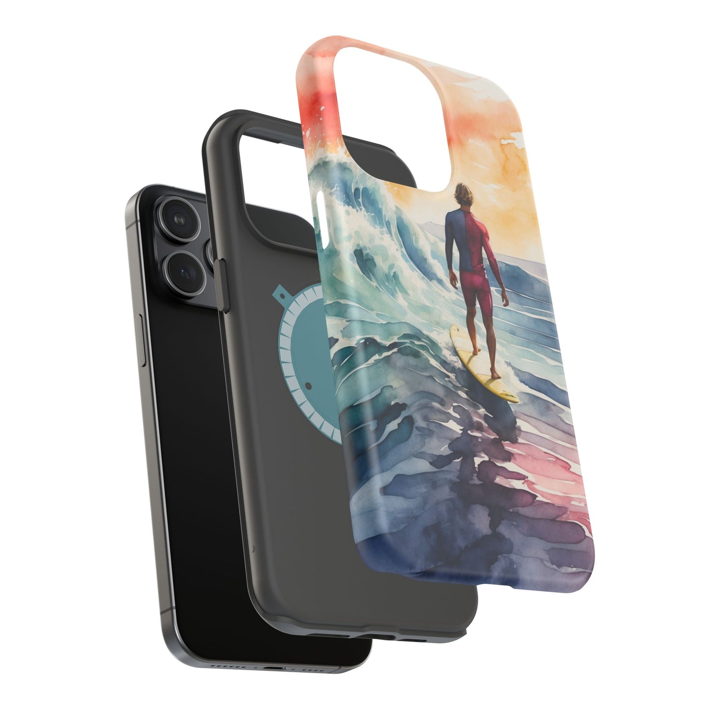 Surfer’s Sunset Wave MagSafe iPhone Case – Vibrant Watercolor Design