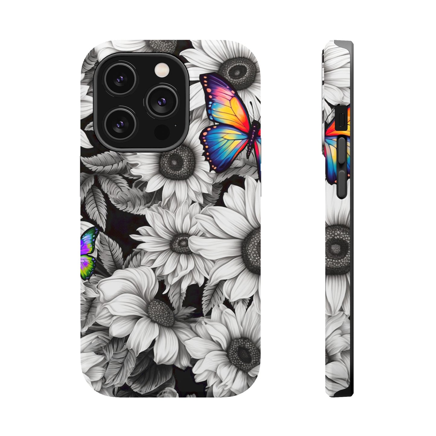 Rainbow Butterflies & Monochrome Sunflowers – MagSafe iPhone Case